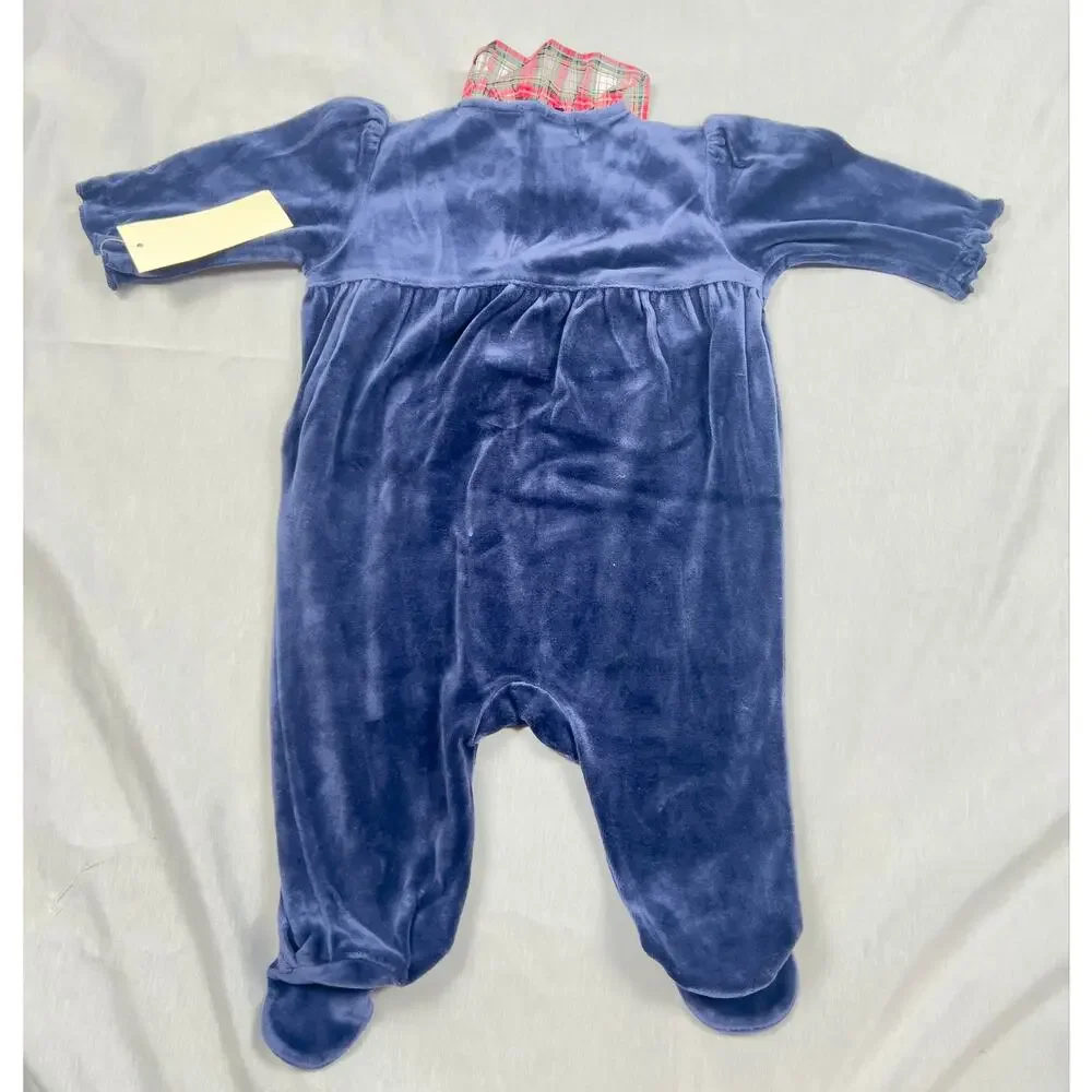Vintage Ralph Lauren Baby 6M Navy Velour Footed Sleeper Plaid Holiday NWT Y2K